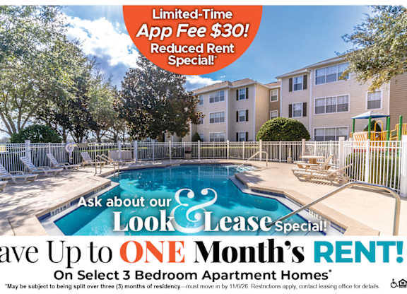 Save Up to One Month's Rent on Select 3 Bedroom Apartment Homes* Ask About our Look and Lease Special!