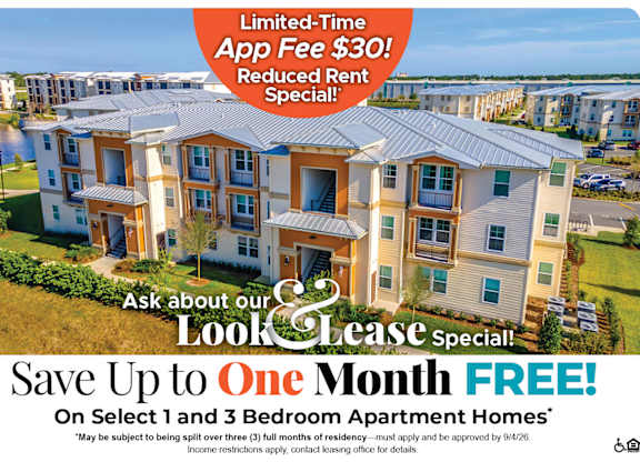 Save Up to One Month Free on Select 1 and 3 Bedroom Apartment Homes* Ask About our Look and Lease Special!