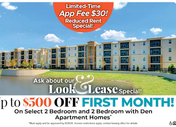 A promotional image for a leasing special offering up to $500 off the first month's rent on select apartment homes.