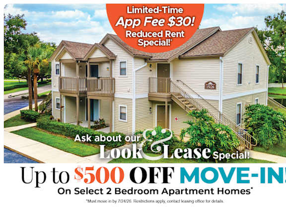 Up to $500 Off Move-In Costs on Select 2 Bedroom Apartment Homes* Ask about our look and lease special!