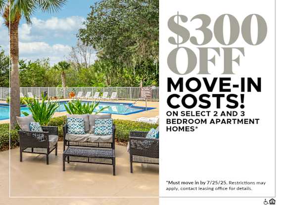 $300 OFF Move-In Costs on Select 2 and 3 Bedroom Apartment Homes