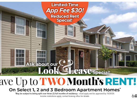 Save Up to Two Months' Rent on Select 1, 2 and 3 Bedroom Apartment Homes* Ask About our Look and Lease Special!
