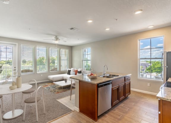 a living room with a kitchen and a dining room