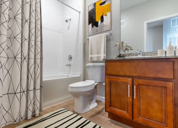 a bathroom with a shower curtain and a toilet and a sink