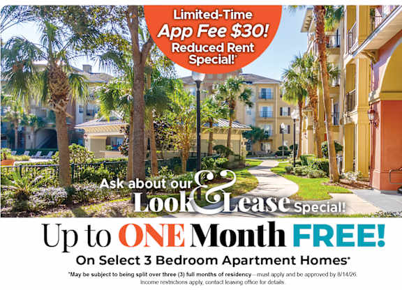 Up to One Month Free on Select 3 Bedroom Apartment Homes* Ask About our Look and Lease Special!