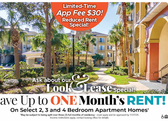 Save Up to One Month's Rent on Select 2, 3 and 4 Bedroom Apartment Homes* Ask About our Look and Lease Special!