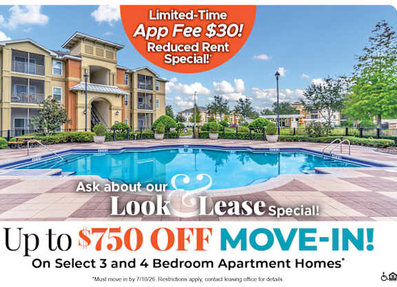 A promotional image for a lease special offering up to $750 off on select apartment homes.