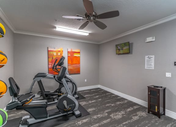 fitness center with paintings and a tv on the wall