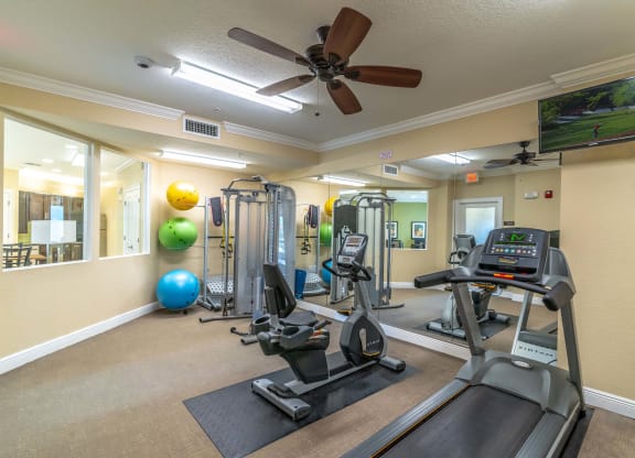 a home gym with cardio equipment and a flat screen tv