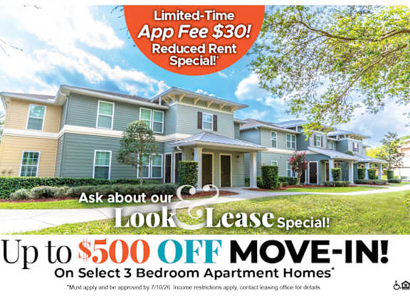 A promotional image for a lease special offering up to $500 off on select 3 bedroom apartment homes.