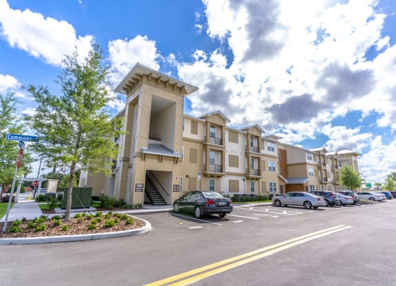 a parking lot at the Heritage Commons apartments