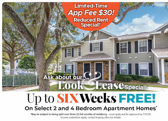Up to Six Weeks Free on Select 2 and 4 Bedroom Apartment Homes* Ask about our look and lease special!