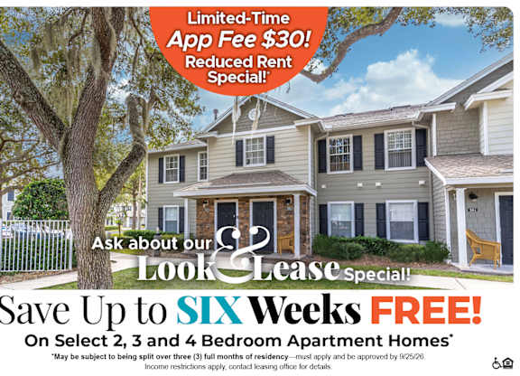 Save Up to Six Weeks Free on Select 2, 3 and 4 Bedroom Apartment Homes* Ask About our Look and Lease Special!