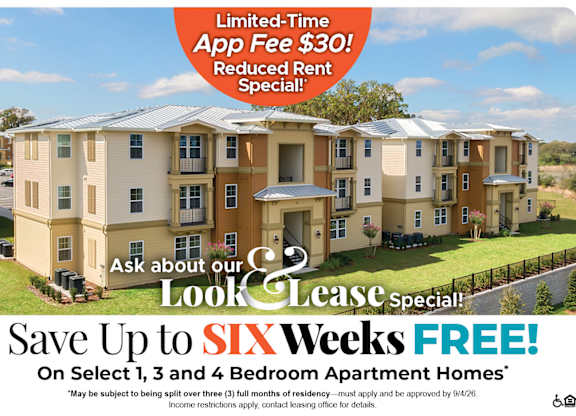 Save Up to Six Weeks Free on Select 1, 3 and 4 Bedroom Apartment Homes* Ask About our Look and Lease Special!