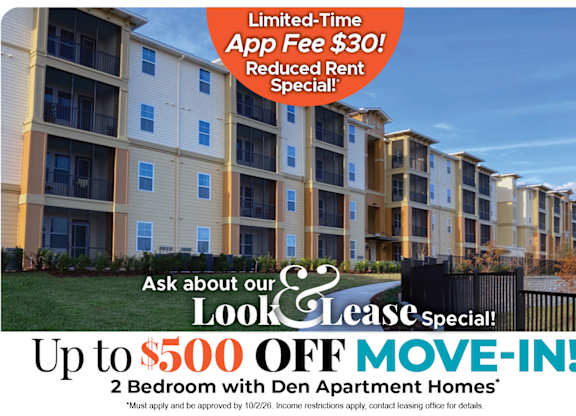 Up to $500 Off Move-In Costs on Select 2 Bedroom with Den Apartment Homes* Ask About our Look and Lease Special!