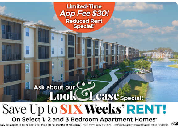 Save Up to Six Weeks' Rent on Select 1, 2 and 3 Bedroom Apartment Homes* Ask About our Look and Lease Special!