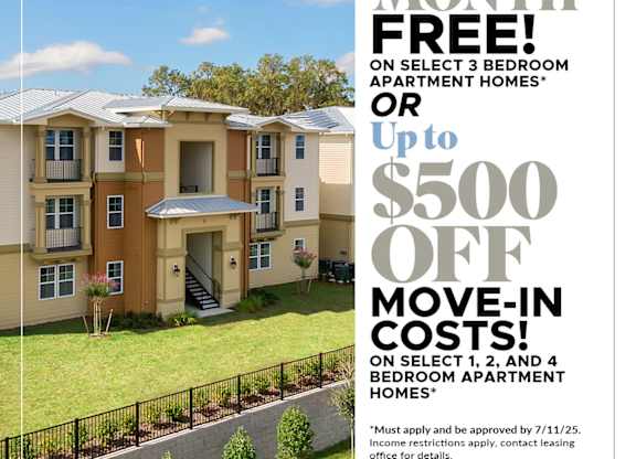 One Month Free Or Up to $500 OFF Move-In Costs on Select 1, 2 and 3 Bedroom Apartment Homes