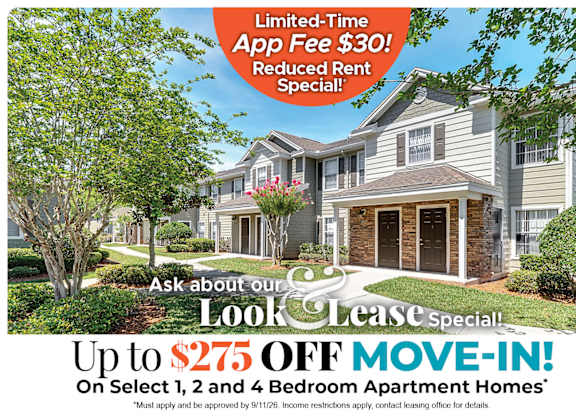 Up to $250 Off Move-In Cost on Select 1, 2 and 4 Bedroom Apartment Homes* Ask About our Look and Lease Special!