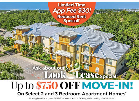 A promotional image for a lease special offering up to $750 off on select 2 and 3 bedroom apartment homes.