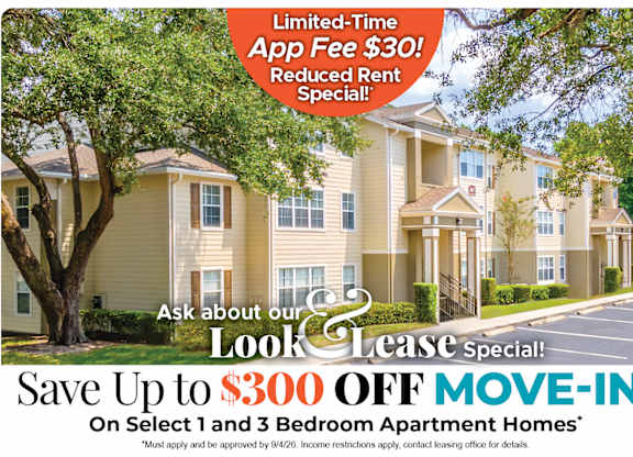 A promotional image for a limited-time app fee reduction and move-in special for apartment homes.