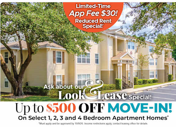 Save Up to $500 Off Move-In Costs on Select 1, 2, 3 and 4 Bedroom Apartment Homes* Ask About our Look and Lease Special!