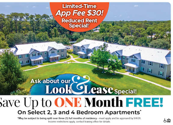 Save Up to One Month Free on Select 2, 3 and 4 Bedroom Apartment Homes* Ask About our Look and Lease Special!