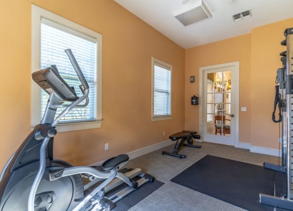 a home gym with a treadmill and exercise balls