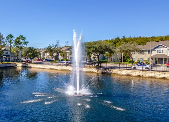 a fountain in a pond with houses in the background