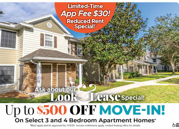 Up to $500 Off Move-In Costs on Select 3 and 4 Bedroom Apartment Homes* Ask About our Look and Lease Special!