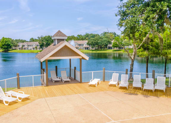 the dock overlooking the lake at the estates at johnson lake