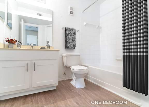 A bathroom with a toilet, sink, and mirror.
