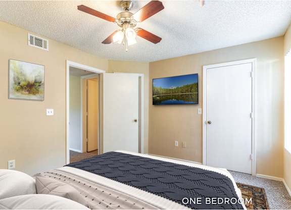 A bedroom with a bed, a ceiling fan, and two doors.
