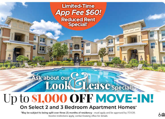 Up to $1,000 Off Move-In Costs on Select 2 and 3 Bedroom Apartment Homes* Ask about our look and lease special!