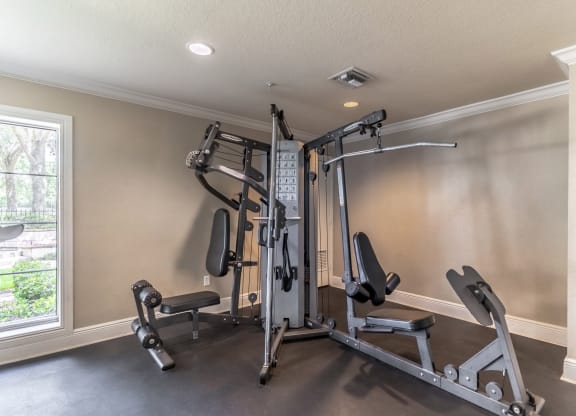 a home gym with weights and cardio equipment