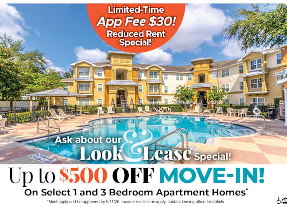 Up to $500 Off Move-In Costs on Select 1 and 3 Bedroom Apartment Homes* Ask About our Look and Lease Special!