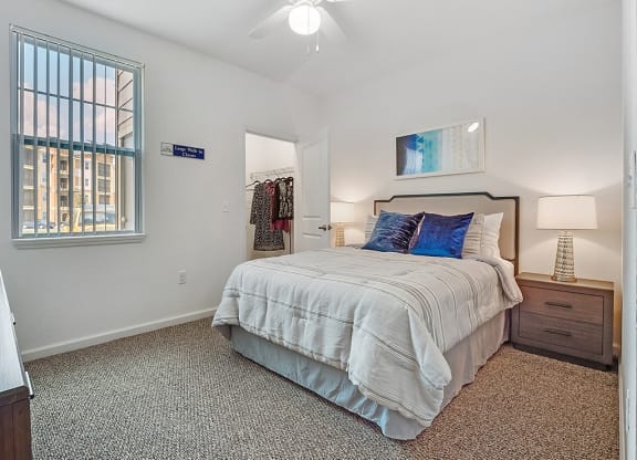 a bedroom with a bed and a closet