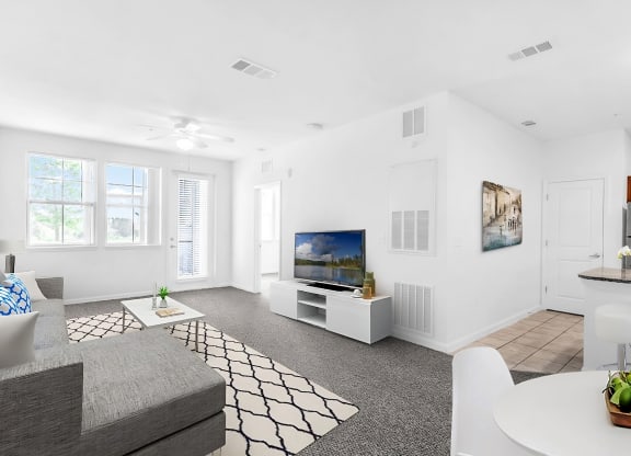 a living room with white walls and grey carpet