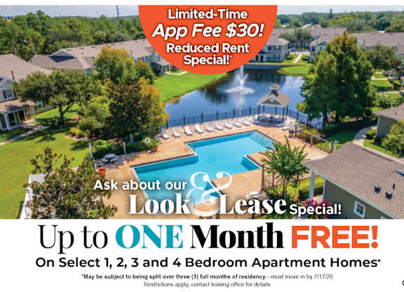 A real estate advertisement offering a free month's lease for select apartment homes.