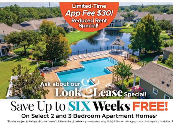 Save Up to Six Weeks Free on Select 2 and 3 Bedroom Apartment Homes* Ask About our Look and Lease Special!