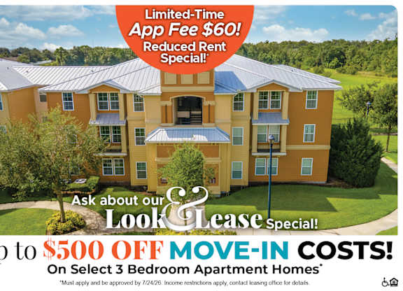 Up to $500 Off First Month on Select 3 Bedroom Apartment Homes* Ask about our look and lease special!