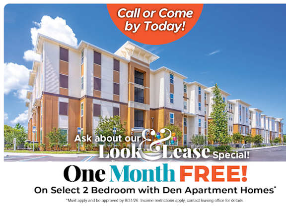 One Month Free on Select 2 Bedroom with Den Apartment Homes* Ask About our Look and Lease Special!