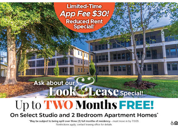 Up to Two Months Free on Select Studio and 2 Bedroom Apartment Homes. Ask about our look and lease special!