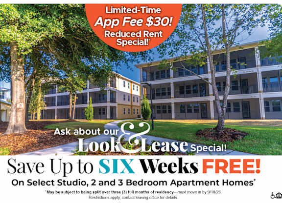 Save Up to Six Weeks Free on Select Studio, 2 and 3 Bedroom Apartment Homes* Ask About our Look and Lease Special!