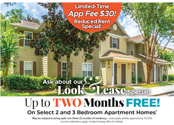 Up to Two Months Free on Select 2 and 3 Bedroom Apartment Homes* Ask about our look and lease special!
