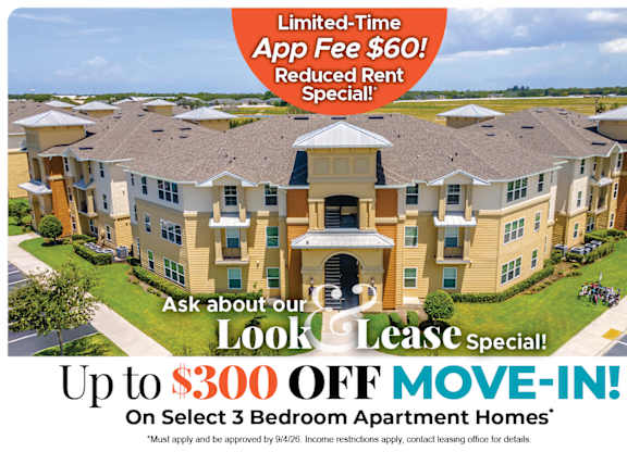 An advertisement for a limited-time app fee reduction and move-in special for apartment homes.