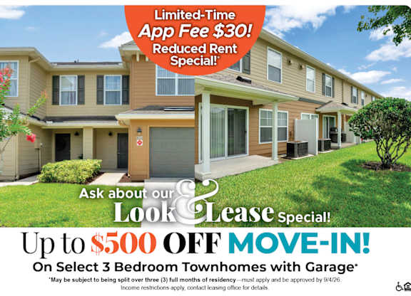 A housing advertisement offering a $30 app fee reduction and up to $500 off move-in for select 3 bedroom townhomes with garage.