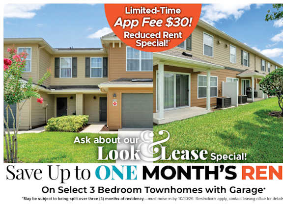 Save Up to One Month's Rent on Select 3 Bedroom Townhomes with Garage* Ask About our Look and Lease Special!