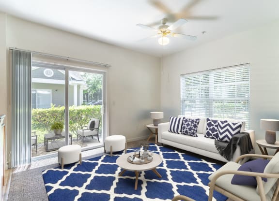 a living room with a white couch and a blue rug