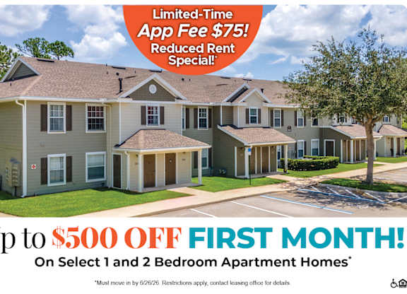 An advertisement for a limited-time app fee of $75 and a reduced rent special offering up to $500 off the first month on select 1 and 2 bedroom apartment homes.