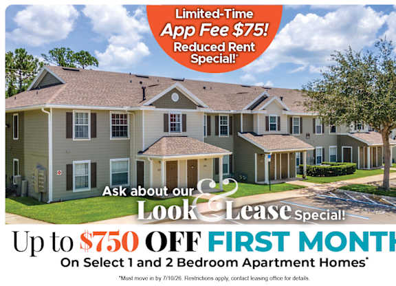 A housing advertisement offering a $750 discount on the first month's rent for select 1 and 2 bedroom apartment homes.